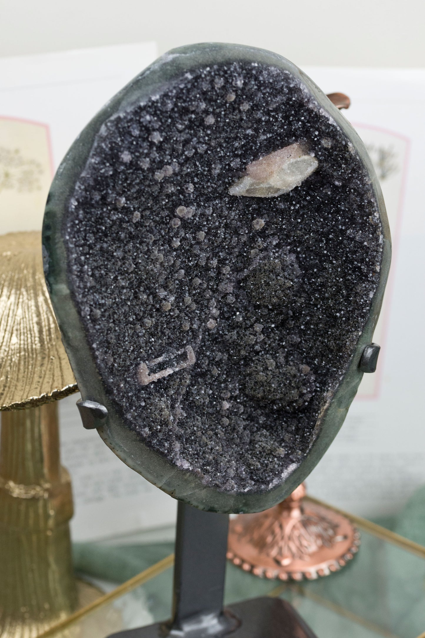 Black Galaxy Amethyst x Druzy Calcite | Half Geode