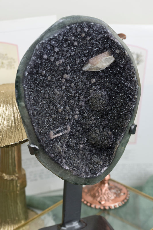 Black Galaxy Amethyst x Druzy Calcite | Half Geode