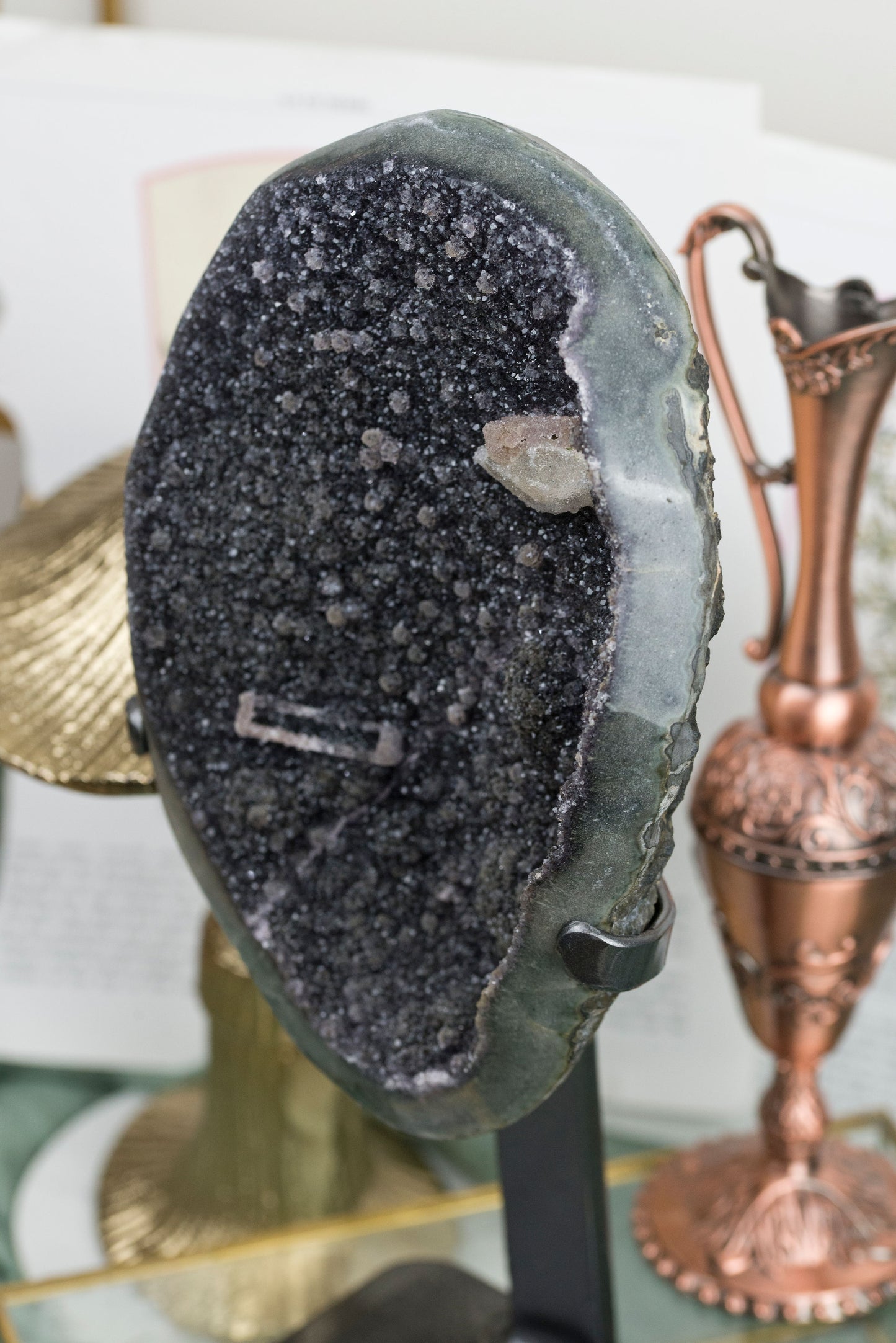Black Galaxy Amethyst x Druzy Calcite | Half Geode
